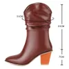 2023 Stivali western classici Donna pieghettati Punta a punta Zeppe Stivaletti con tacco Semplici e comodi stivali da cowboy Scarpe retrò femminili 230403