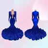 2022 Royal Blue Mermaid Prom Dresses Sparkly Lace Pailletten lange mouwen Black Girls African Celebrity Evening Jurk B04084185230