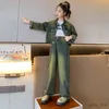 衣類セットハイストリートガールズの服セット10代の女の子デニムジャケット +ハイウエストジーンズワイドパンツ子供用デニムスーツ