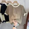 Damen-T-Shirts, Sommer, koreanisches kurzes T-Shirt mit weichen Strickärmeln, O-Ausschnitt, Farbblock-Schraubengewinde-Design, einfaches, vielseitiges Pullover-Oberteil