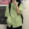 Kvinnors polos japanska harajuku rutig skjorta blus kort ärm koreanska gröna toppar kvinnlig preppy estetik mode cardigan