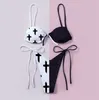 Damenbadebekleidung Schwarz und Weiß Sexy Goth Emo Frauen Zweiteiliger Totenkopf-Druck-Bikini-Anzug Split-Badeanzug mit hoher Taille Gothic-Badeanzug Strand