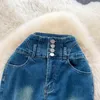 Kvinnors jeans superhög midja för höstkläder bantning byxa designkänsla koreansk version smal passande elastisk tät