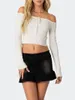 Damestruien Off-shoulder Cropped gebreide kleding Effen Kleur Lange mouw Stropdas Decor Geribbelde Tops Lente Herfst Mode Trui Trui