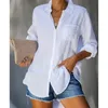 Blusas femininas moda manda larga camisas casuais brancas mulheres sólidas blusas de algodão de escritório 2023 botão de primavera para camisa feminina tops elegantes