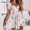 Casual jurken Southpire Bohe Flower Print Witte jurken Dames Korte Puff Sleeve Zipper Mini Sundress Elegante zomerjurk Dames Kleding 230331