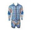 Men's Tracksuits Summer Men's Blue And White Porcelain Printing Beach Holiday Hawaii Long-Sleeve Shorts 2 Piece Set Shirt Suit 2023