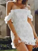 Casual Dresses Women Floral Lace Bodycon Mini Dress Off Shoulder Boat Neck Backless Ruffles Cocktail Summer Party Club Short