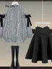 Dwuczęściowa sukienka jesień zima dwuczęściowe zestawy damskie dla kobiet z dzianki z dzianki na ramię i plisowane spódnice zestawy 4xl Suit 230403