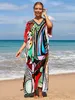 Скрытие женских купальных костюмов Bohemian Dress Print Print Multi-Color Beach Style Caftan Suimsuit Caven Up Maxi Dress Robe de Plage Tunic для пляжа 230403