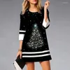 Lässige Kleider, modisch, Weihnachten, für Damen, O-Ausschnitt, 3/4-Ärmel, bedruckt, Mini-Partykleid