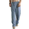 Men's Pants Linen Loose Straight Leg Solid Color Casual Elastic Waist Summer Plus Size Wide Jogging