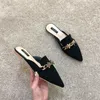 Designer Woman Brand Shoes Embroider Floral Slippers Metal Chains Sandals Ladies Closed Toe Flip Flops Flats Low Heels S 3098