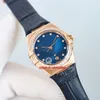 TWF Factory Watches 131.58.29.20.53.003 Constellation Rose Gold 29 mm Cal.8701 Autoamtic dameshorloge met diamanten rand blauwe wijzerplaat lederen band dameshorloges