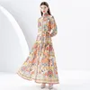 Designer Vacation Stand Collar Maxi Dress Women Lantern Sleeve Slim Bow Lace Up Midje Vintage Print Party Boho Dresses Robe 2023 Spring Autumn Casual Runway fro 607