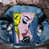 Kvinnorjackor Kvinnokläder 2023 Autumn Street Fashion Ins Blogger Online Red Personality Sad Girl Print Lapel Denim Jacket