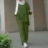 Roupas étnicas Mulheres Muçulmanas 2 Peça Set Blusa e Calças de Perna Larga Khaki Abaya Elegante Islâmico Com Bolsos Modest Eid Terno Manga Longa