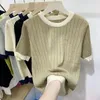 Damen-T-Shirts, Sommer, koreanisches kurzes T-Shirt mit weichen Strickärmeln, O-Ausschnitt, Farbblock-Schraubengewinde-Design, einfaches, vielseitiges Pullover-Oberteil