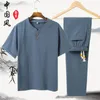 Men's Tracksuits Linen Cotton T-shirt Men's Set Chinese Style Short Sleeve Sportswear trousers 2 Piece Sets Summer Men Tracksuit Solid Suit 230403