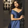 Party Dresses Navy Off Shoulder Satin Pleated Prom A-Line Long Sexy Women V-Neck Evening Gowns Formal 2023 Fashion Celebrity
