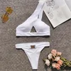 Mulheres Swimwear Um Ombro Biquíni 2023 Fivela Alta Corte Maiô Sexy Tanga Branca Push Up Mulheres Oco Out Banheira Terno