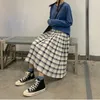 Skirts Vintage Cotton Plaid High Waist Mid Length Summer A-line Pleated Leather Women's Leather Faldas Saias Mulher 230403