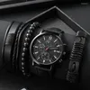 Armbandsur 4st Black Round Quartz Watch with Pu Leather Armband Men nylon Affärsmode Casual for Daily Sports