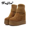 Boots Fujin Women Mid Calf Winter Knitting Wool Hidden Heel Woman Warm Fashion Platform Thick Sole Shoes Boot 231102