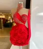 Abito da cocktail Abito da festa rosso da ballo Taglie forti Cerniera Nuova laurea personalizzata Dritto sopra il ginocchio Mini manica lunga collo alto in organza