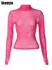 Maglietta da donna Shestyle Rosa Trasparente Donna Luna Stampata Mezzo collo alto Tessuto a rete Super elastico Inizio autunno Basic Casual 230403