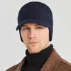 Berets Men Winter Knitted Ear Protection Cap Think Wool Beanies Bonnet Snapback Short Brim Hat Outdoor Cycling Plush Keep Warm Hats