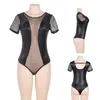 Monos de mujer Mamelucos Body Tallas grandes Costuras de cuero Manga corta Mujer Body Top O Cuello Sexy Rayas Traje de cuerpo negro Salopette Femme RS80642 230331