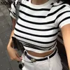 Kadın T-Shirt Stripe T Shirt Kadın Mahsul Sıkı Üstler Örgü Y2K Giysileri Örme Tişörtler Şık Lady Moda Kadın Boğan Üst Tees Kadın 230403