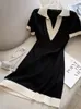 Casual Dresses POLO Collar Short-sleeved Knitted Black Dress Summer Hit Color Straight Loose V-neck T-shirt Short Skirt Base Layer Shirt 230331