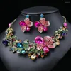 Necklace Earrings Set Flower Leaf Shape Colorful Rhinestone Jewelry For Women Luxury Prom