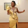 Partykleider Gold Mermaid Cocktail Sheer Neck Long Sleeves Plus Size Dress Knielange Rüschen Perlen Side Split Prom Dresses