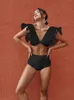 Women's Swimwear Fitshinling Mesh Ruffles High Waist Bikinis Sets Deep V Neck Slim Sexy Women's Swimsuits Swimwear Beach Fitness Bathing Suits 230331