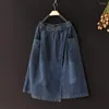 Skirts 2023 Spring Arts Style Women Elastic Waist Loose Knee-length Asymmetrical Vintage Blue Cotton Denim Skirt P29