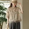 Damesblouses Bloem Chinese stijl Borduuroverhemden Zomer Drie mouwen Katoen Linnen Losse top O-hals Kleding