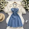 Sukienki przypadkowe amolapha lato 2023 Seksowna dżinsowa sukienka bez rękawów kantar
