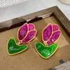 Kolczyki Dangle S925 Srebrna igła Vintage Middle Court Purple Green Jelly Glass Stud Tulip Tulip