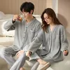 Frauen Zweiteilige Hosen Frühling und Herbst Langarm Koreanische Strickjacke Baumwolle Nachtwäsche Zweiteilige Set Casual Vneck Paare Pyjama Mann 231102
