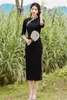 Abbigliamento etnico Elegante pizzo colletto alla coreana Tinta unita Cotone Cheongsam Bottoni fatti a mano Mezza manica Qipao Abito da donna cinese