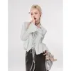 Bluzki kobiet fałdowanie bandaż solidne szczupłe koszule z długim rękawem American V Neck Kobiety Krótki Chemise Femme Y2K Korean Lace-Up Chic