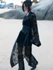 Kvinnors T-skjortor Umi Mao Retro Ancient Chinese Style Leather-Piecing Jacket Female Spring Dress Black Lace Hollow-Out Asymmetric Long Top