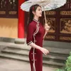 Abbigliamento etnico Elegante pizzo colletto alla coreana Tinta unita Cotone Cheongsam Bottoni fatti a mano Mezza manica Qipao Abito da donna cinese