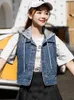 Coletes femininos versão coreana com capuz denim colete primavera e outono curto sem mangas top colete na moda