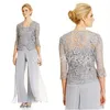 Chic Silver Mother Of The Bride Pantsuit 2024 Three Pieces Bolero Jacket Chiffon Wedding Guest Outfit Suit Women Evening Formal Dress Vestidos De Gala Groom Mom Dress