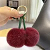 Keychains Lanyards Cute Cherry Real Fur Keychain Plush Ball Women Bag Charm Jewelry Pendant Car Key Metal Ring Girl Toy Gift R231103