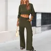 Zweiteilige Damen-Hosen, einfarbig, kurz, bauchfrei, Sweatshirt-Anzug, schlichte Pullover, Oberteile, Palazzo-Hose, lässig, lockeres Trainingsanzug-Set